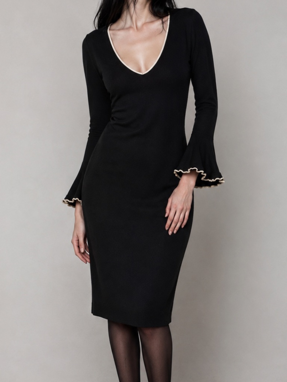 Milly Black 100% Wool Ruffle Flutter Bell Sleeve Sweater Mini Dress